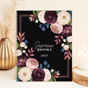Agenda Elegante Floral Negro y Ciruela con Nombre Persona