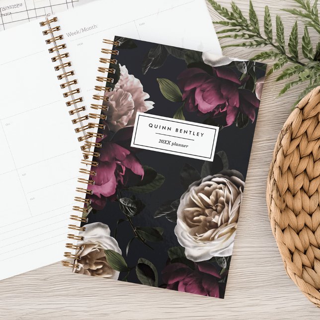 Agenda Elegante Floral oscura sobre negro | Personalizado (Subido por el creador)
