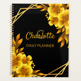 Agenda Elegante floral Otoño negro y falso amarillo dorad