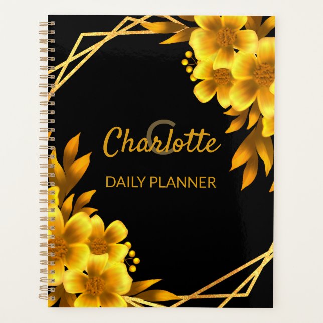 Agenda Elegante floral Otoño negro y falso amarillo dorad (Anverso)