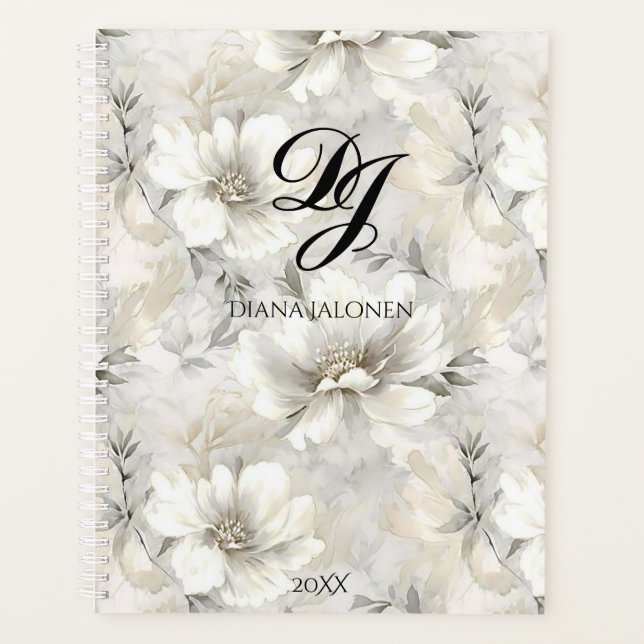 Agenda Elegante Flores Blancas Monograma Nombre personali (Anverso)