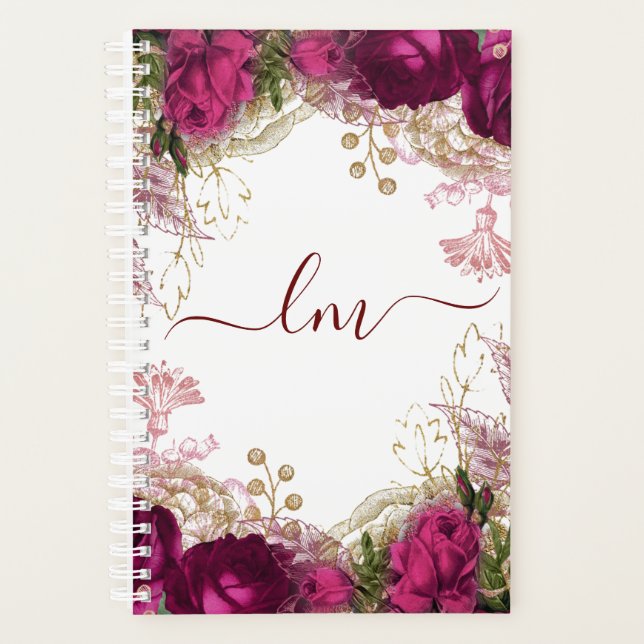 Agenda Elegante Fuchsia Gold Rosa Floral Inicial (Anverso)