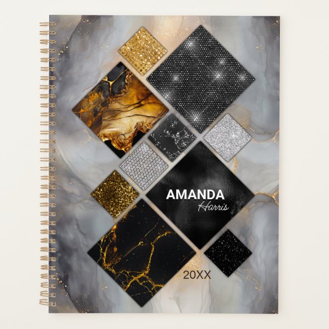 Agenda Elegante geométrico de plata dorada negra (Anverso)