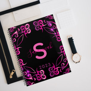 Agenda Elegante Glam Elegante Barroco Negro Y Rosa 2023