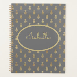 Agenda Elegante Gris y Oro Piña Personalizada