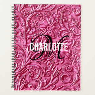Agenda Elegante guión de cuero labrado rosa