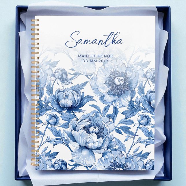 Agenda Elegante guión de patrón floral azul malla de hono (Elegant Blue Floral Pattern Script Maid of Honor Planner)