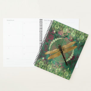 Agenda Elegante libélula de oro sobre verde con Diamante