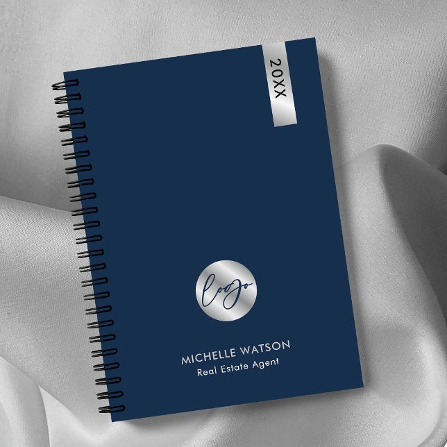 Agenda Elegante logo comercial de la Marina y Personaliza (Elegant navy and silver logo business planner with your custom text)