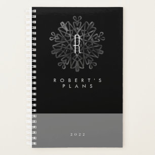 Agenda Elegante Lujoso Negro y Blanco Monograma Ornamenta
