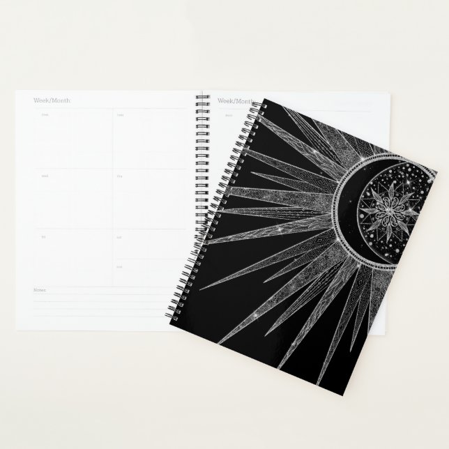 Agenda Elegante luna de sol plateado Mandala Diseño negro (Demostración)