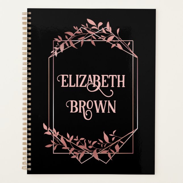 Agenda Elegante marco dorado rosa hojas negro (Anverso)
