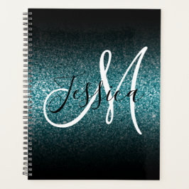 Agenda Elegante Monograma con Brillo Ombre Negro Teal