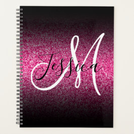 Agenda Elegante Monograma de Brillo Rosa Caliente con Omb