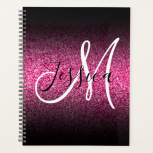 Agenda Elegante Monograma de Brillo Rosa Caliente con Omb