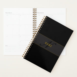 Agenda Elegante Monograma de Letra Script Negro y Dorado
