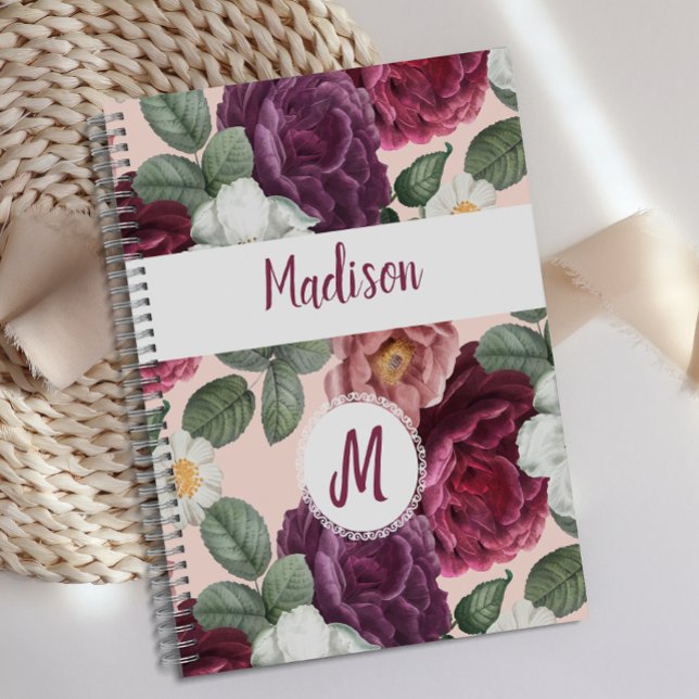 Agenda Elegante Monograma de moda con flores de Borgoña (Subido por el creador)