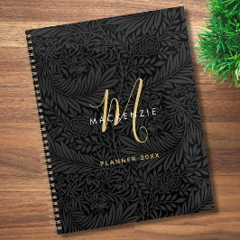 Agenda Elegante Monograma de Oro Floral Negro 2026