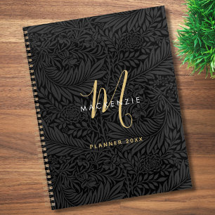 Agenda Elegante Monograma de Oro Floral Negro 2026