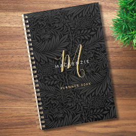 Agenda Elegante Monograma de Oro Floral Negro 2026