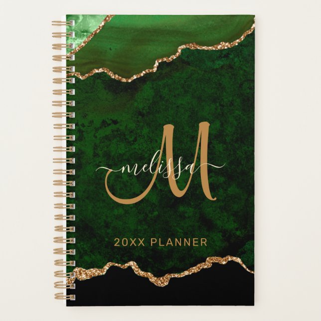 Agenda Elegante Monograma de Purpurina de oro verde Agate (Anverso)