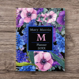 Agenda Elegante Monograma Floral negra en rosa morado azu