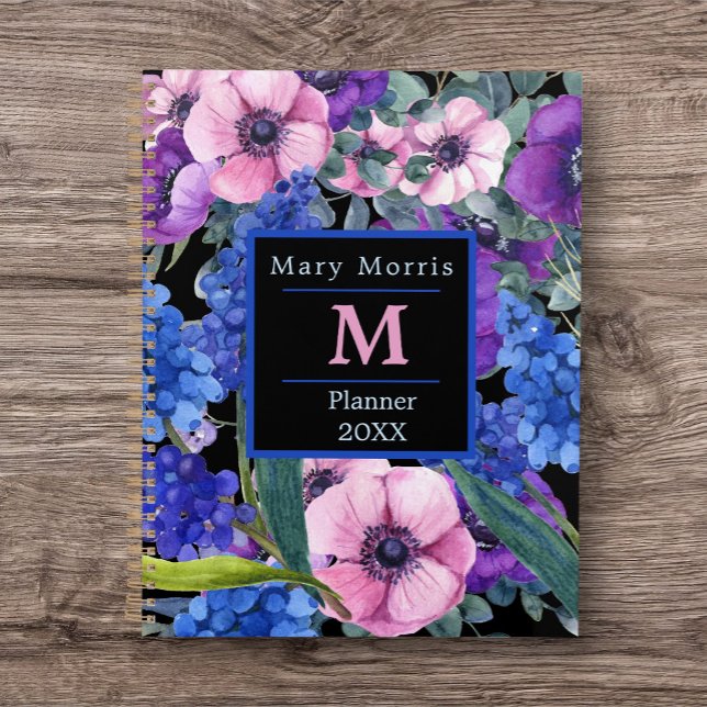Agenda Elegante Monograma Floral negra en rosa morado azu (Personalized Planner/ Journal with Name and Year. Great idea for a gift.)
