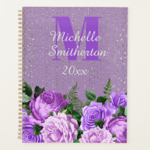 Agenda Elegante Monograma Floral Púrpura con Brillo de Pl