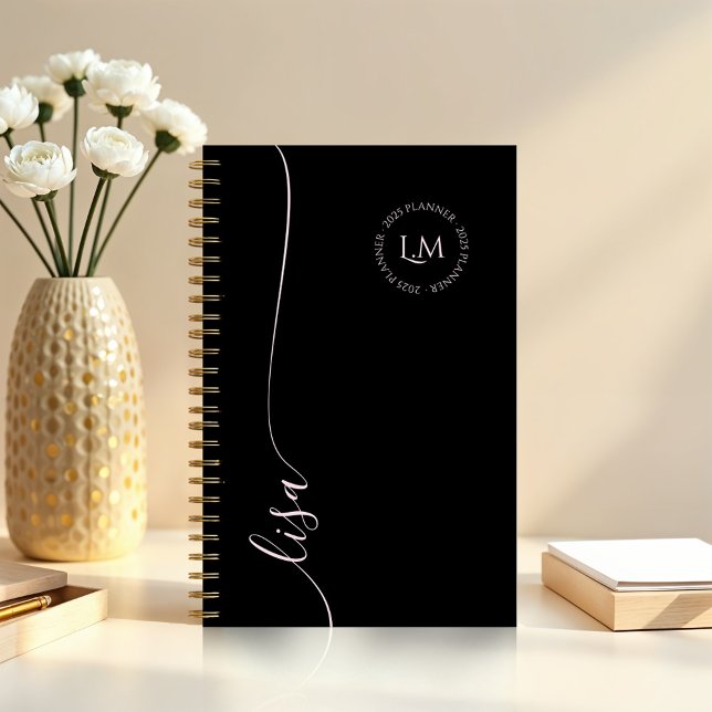 Agenda Elegante Monograma Mínimo Nombre de Script de Inic (Elegant Minimal Monogram Initials Script Name Planner (Front))
