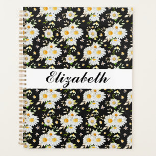 Agenda Elegante Monograma Patrón de margarita en blanco y