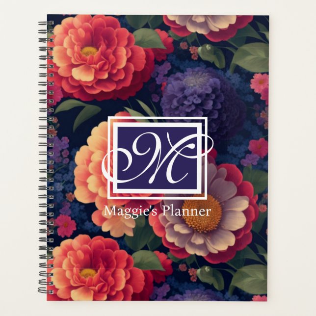 Agenda Elegante monograma romántico floral naranja rojo (Anverso)