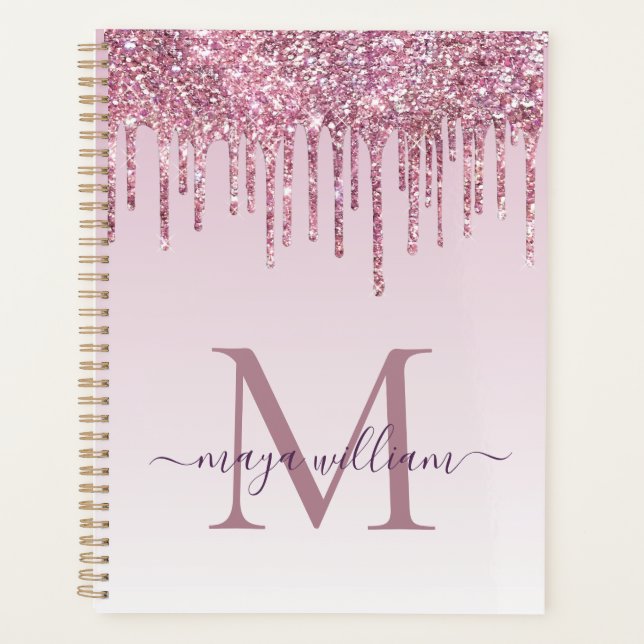Agenda Elegante Monograma Rosa Purpurina Driner Planner (Anverso)