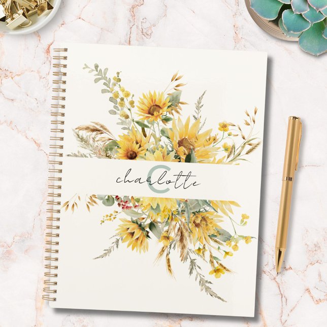 Agenda Elegante Monograma Watercolor Sunflower Bouquet (In situ)