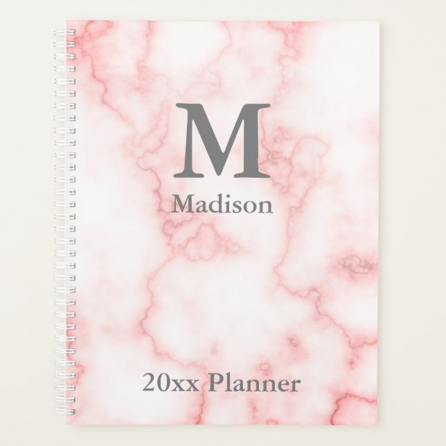Agenda Elegante Monogramado Faux Pink Marble Planner (Anverso)