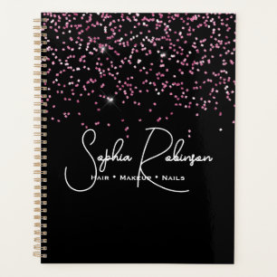 Agenda Elegante Negocio de Salón de Glitter Negro y Rosa
