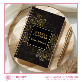 Agenda Elegante negro dorado paisley personalizable