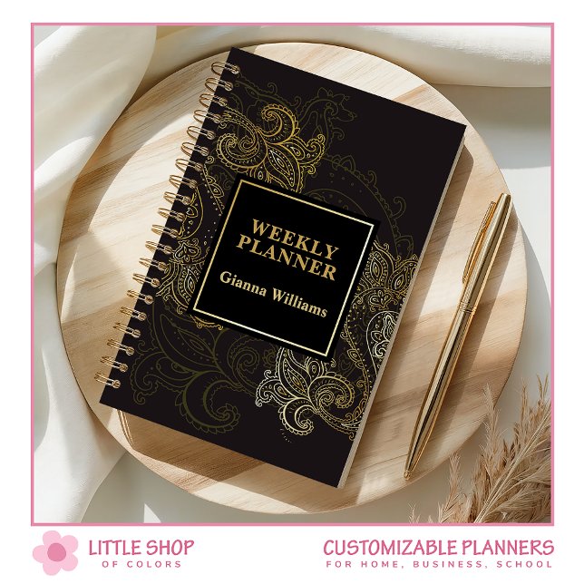 Agenda Elegante negro dorado paisley personalizable (Subido por el creador)