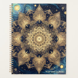 Agenda Elegante Noche Starry Nebula Azul Oro Mandala Art