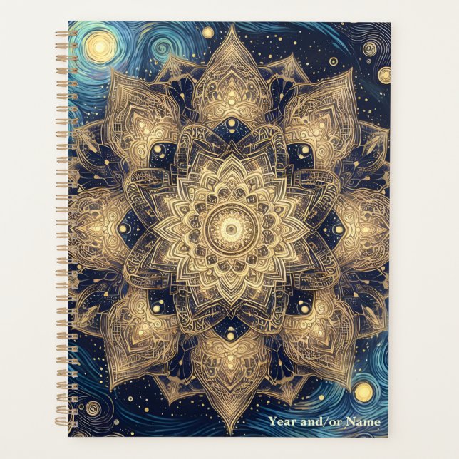 Agenda Elegante Noche Starry Nebula Azul Oro Mandala Art (Anverso)