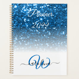 Agenda Elegante nombre de monograma de purpurina azul