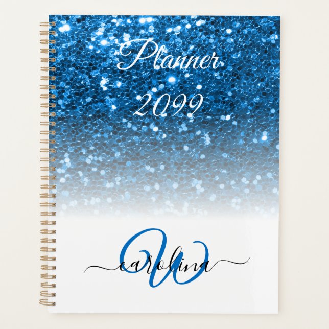 Agenda Elegante nombre de monograma de purpurina azul (Anverso)