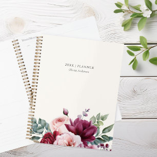 Agenda Elegante nombre personalizado de flor rosa borgoño