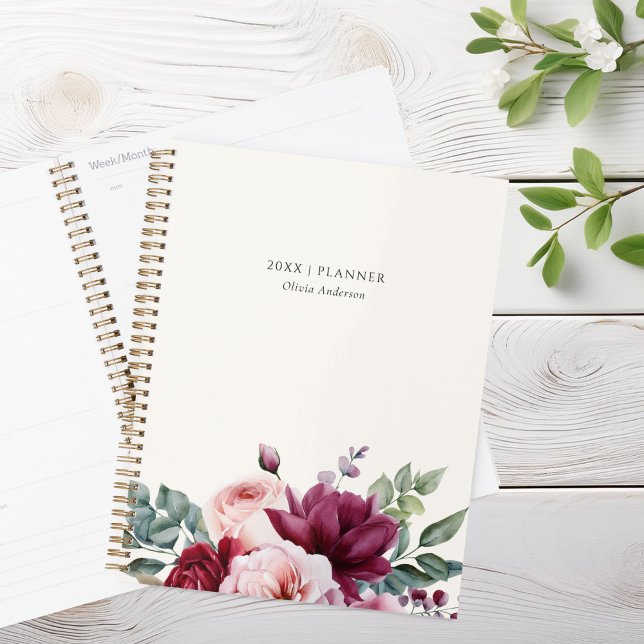 Agenda Elegante nombre personalizado de flor rosa borgoño (Subido por el creador)