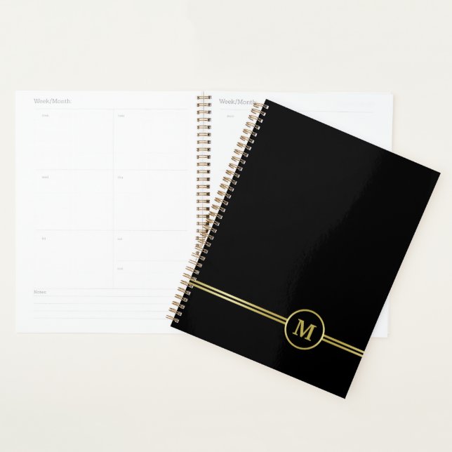 Agenda Elegante oro Monograma personalizado sobre negro (Demostración)