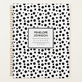 Agenda Elegante Patrón de Lunares Negro Blanco Personaliz