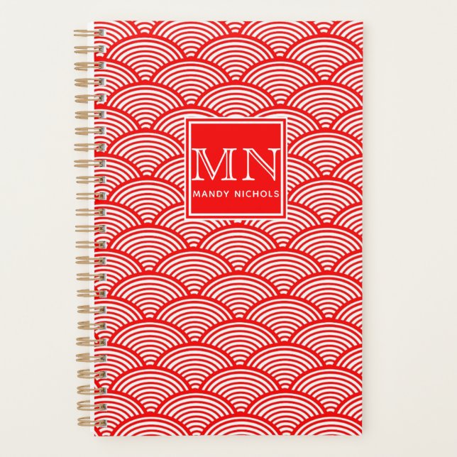 Agenda Elegante patrón de onda rojo japonés monogramado (Anverso)