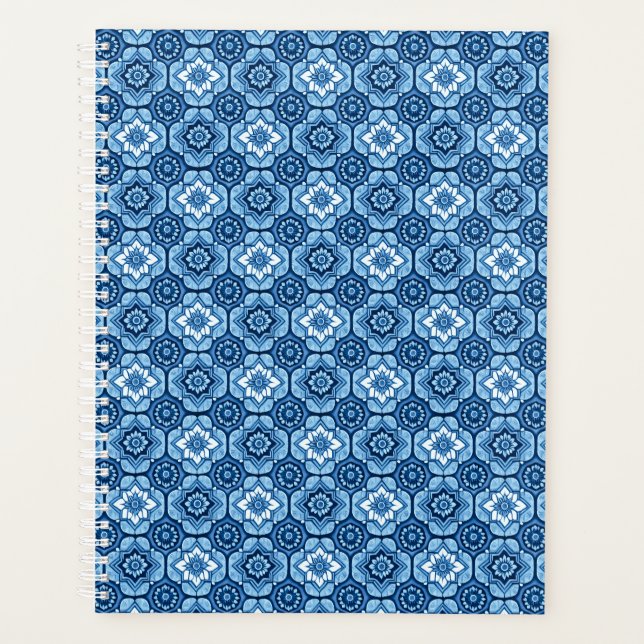 Agenda Elegante patrón floral geométrico azul (Anverso)