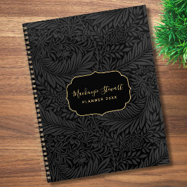 Agenda Elegante patrón floral negro 2026