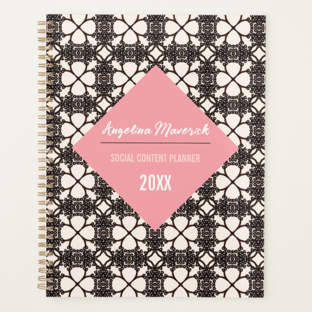 Agenda Elegante patrón floral negro titular de texto rosa (Anverso)
