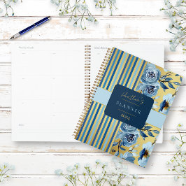 Agenda Elegante Personalizado floral de color azul dorado